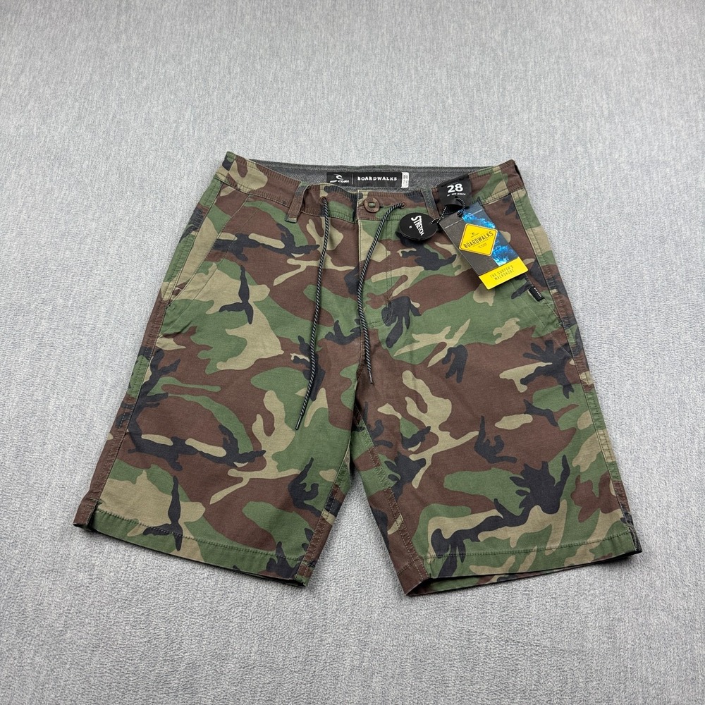 Rip Curl Shorts Men 28 Green Stretch Camo 8" Surfwear Drawstring Boardwalks NWT